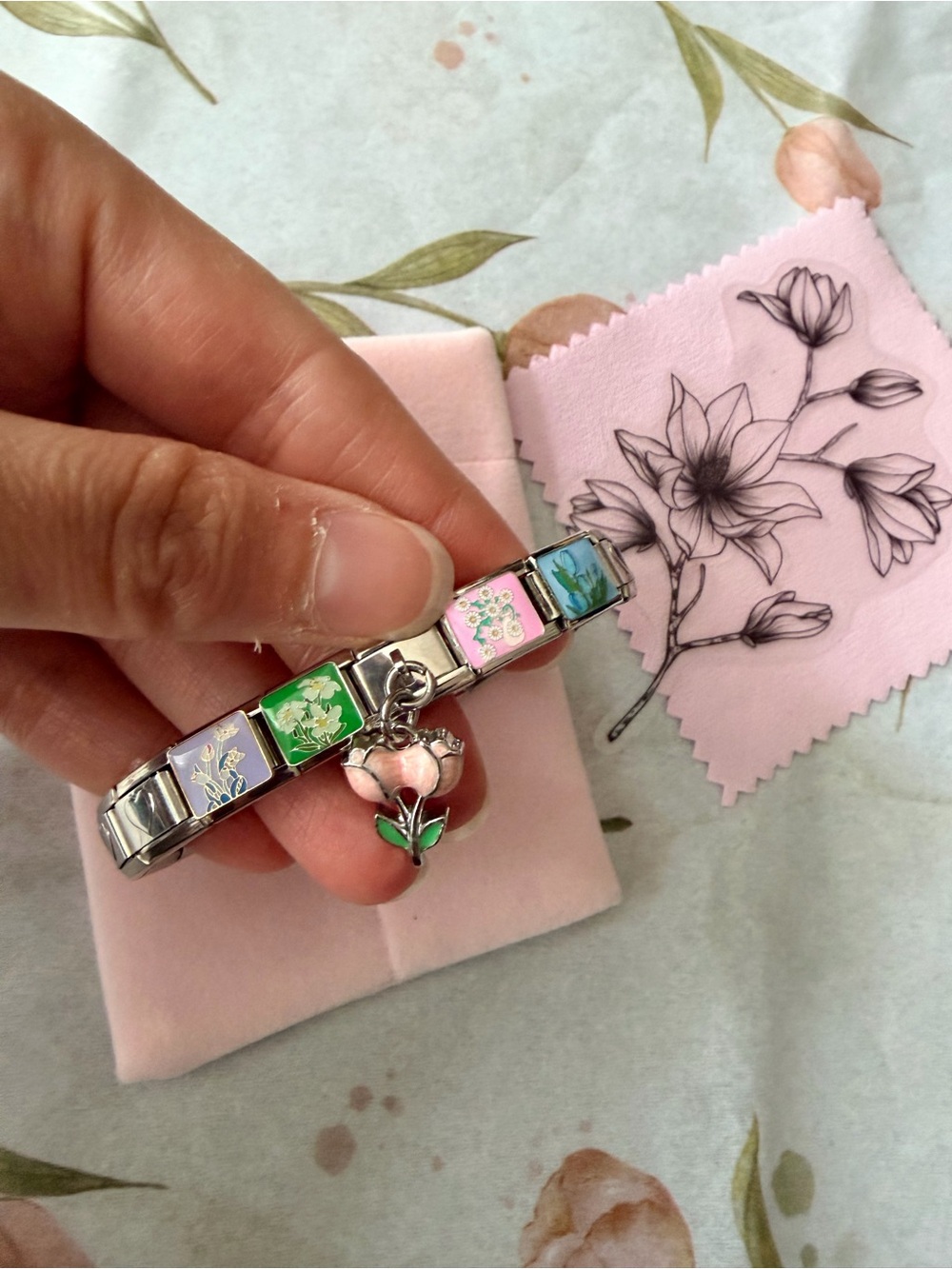 Premium Floral Italian Charm Bracelet with Heart Links & Flower Dangle Charm